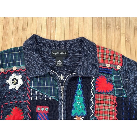 Hampshire Studio Ugly Christmas Sweater Sz Medium Snowman Patchwork Zip Up - Picture 3 of 6